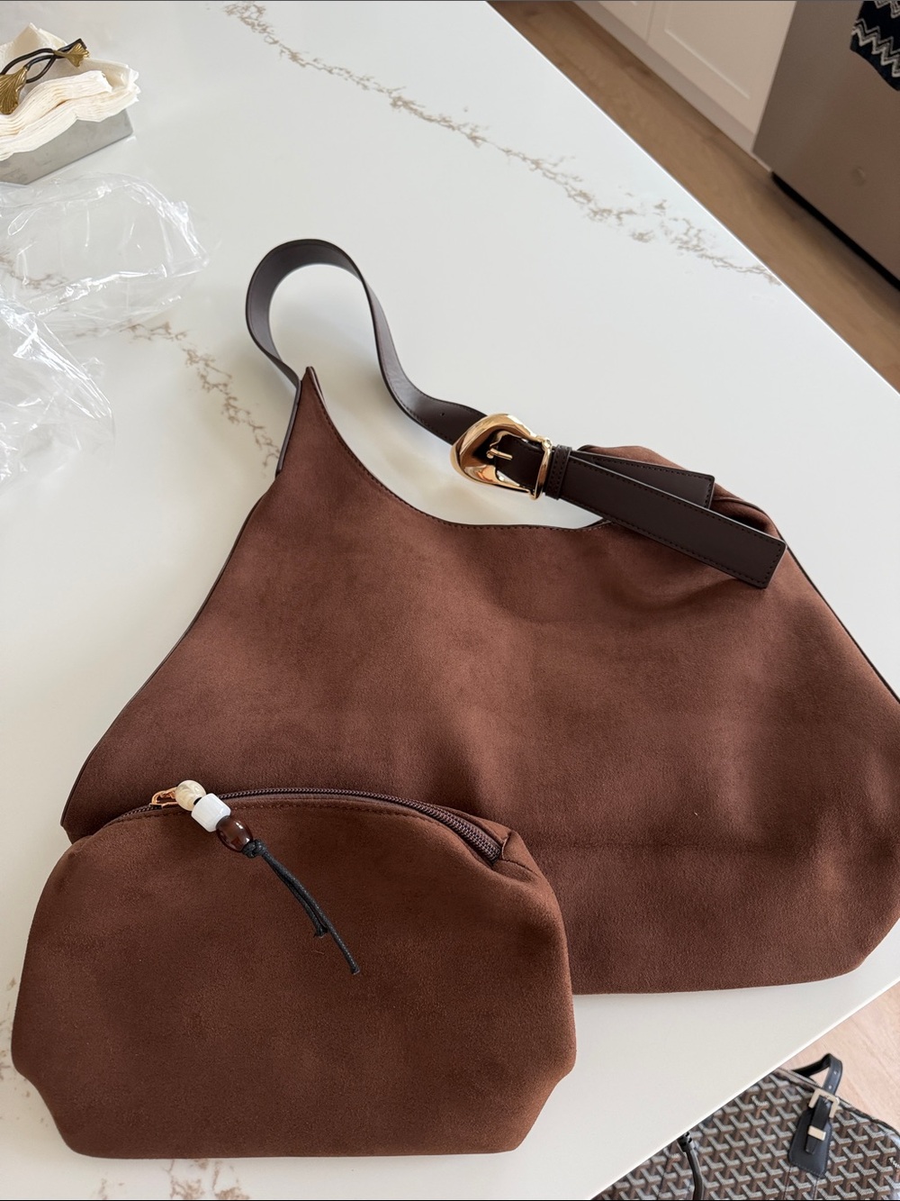 Brand new Brown faux suede shoulder bag with buckle and matching makeup pouch